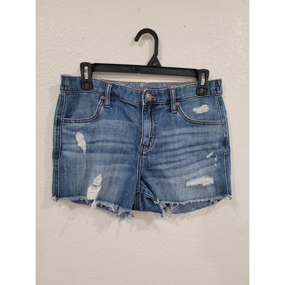 Aerie Distressed Denim Shorts Medium Wash Elastic Back Raw Hem Small #8